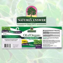 Nature's Answer Oil of Oregano label highlights purity and herbal origin.