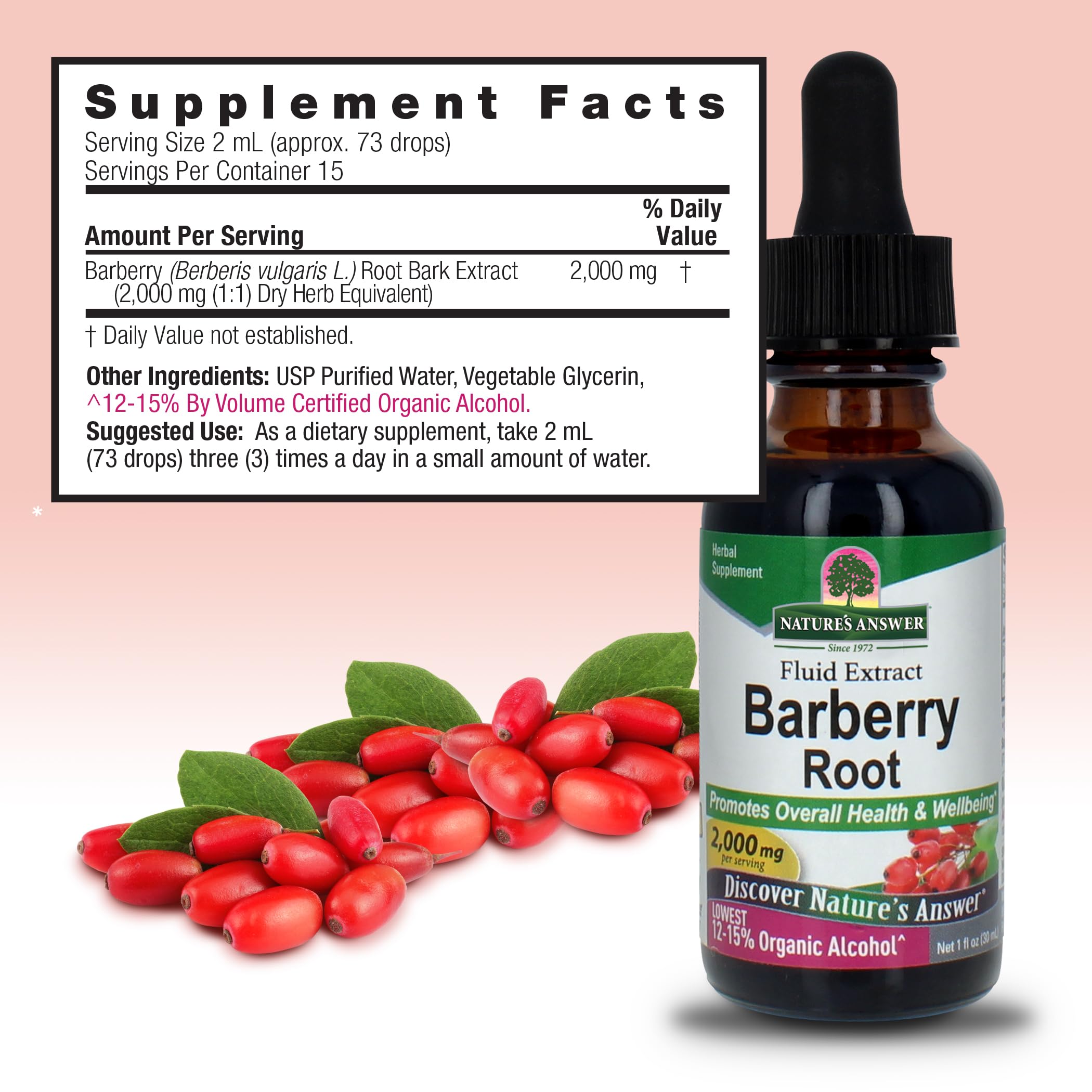 Nature's Answer Organic Barberry Root Extract with glass dropper for tea or smoothie additions.