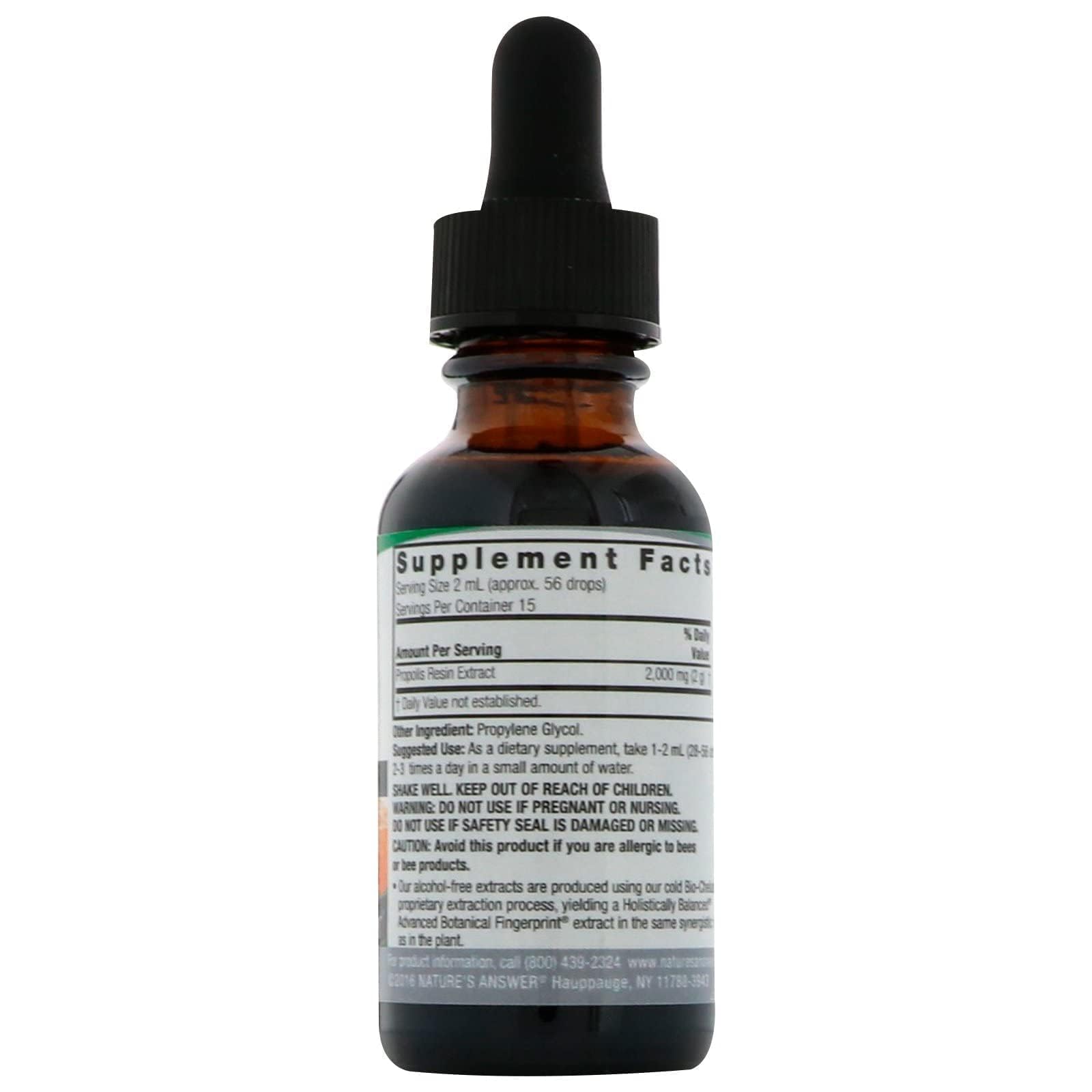 Nature's Answer Propolis Resin Extract dropper-dose imagery suggests easy measurements.