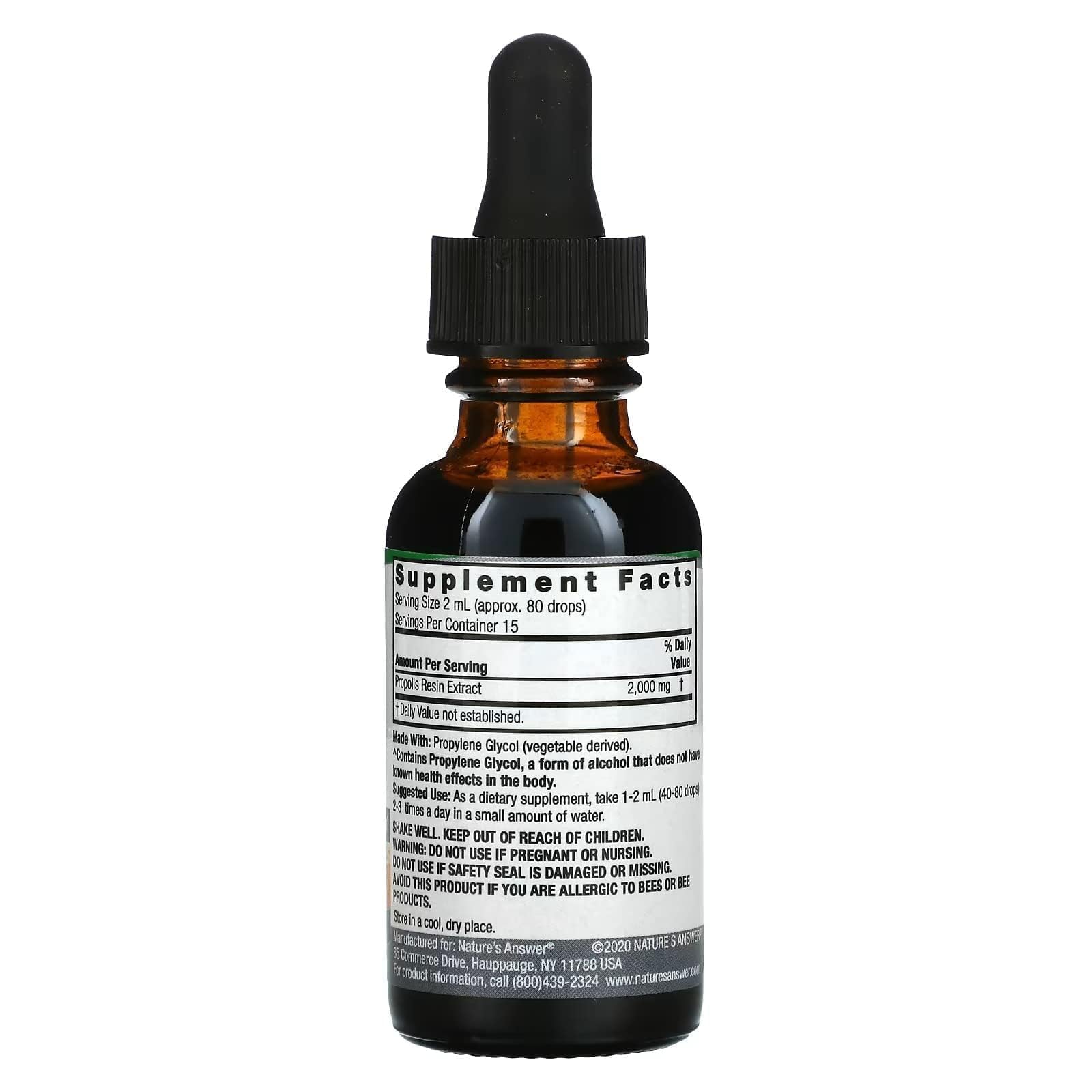 Nature's Answer Propolis Resin Extract label details for clear ingredient transparency.