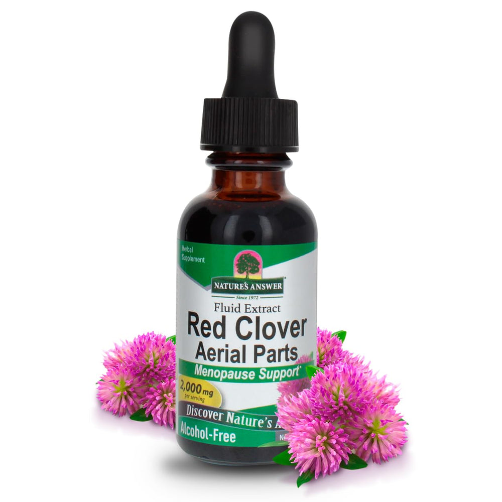 Nature's Answer Red Clover Extract bottle shows an alcohol-free formula for daily wellness.