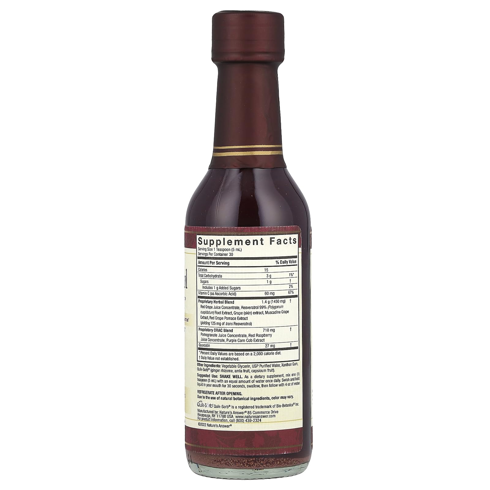 Nature's Answer Resveratrol Reserve being poured demonstrates fast absorption and easy dosing.