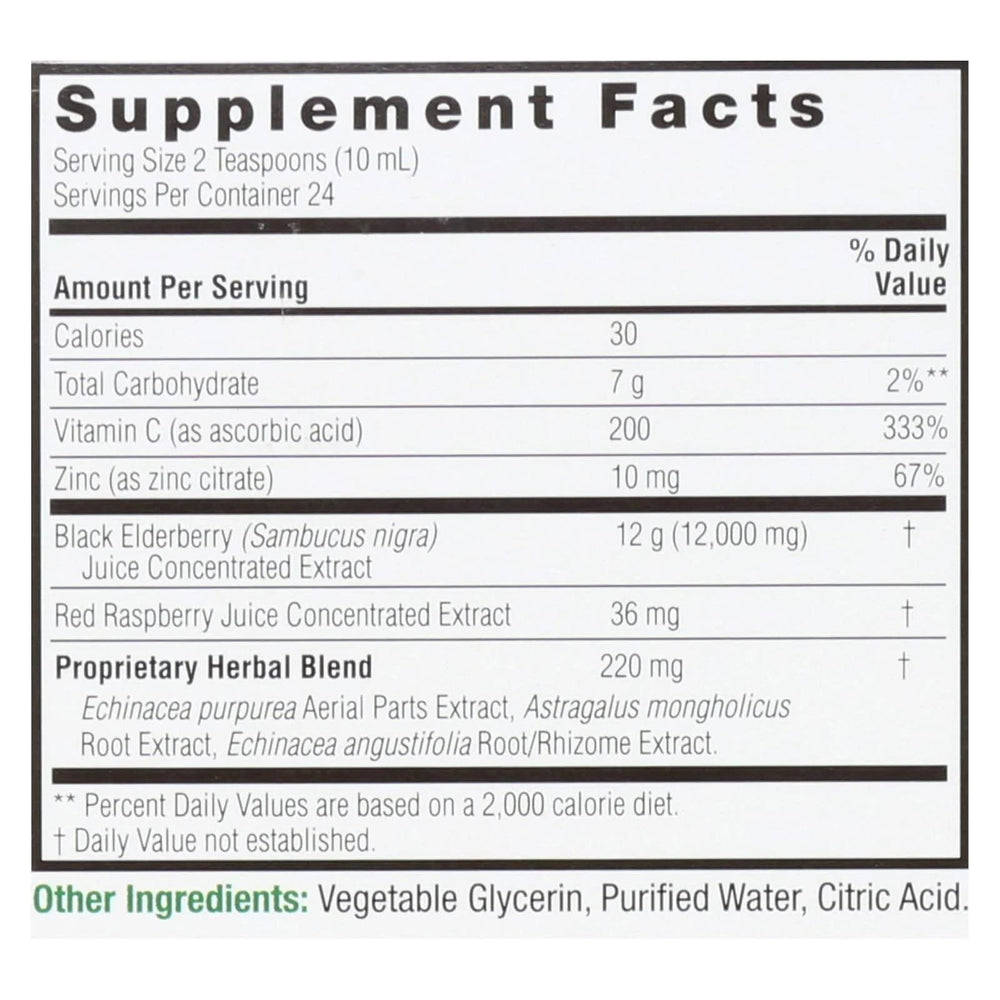 Nature's Answer Sambucus Immune bottle label highlights elderberry blend with echinacea and zinc for immune support.