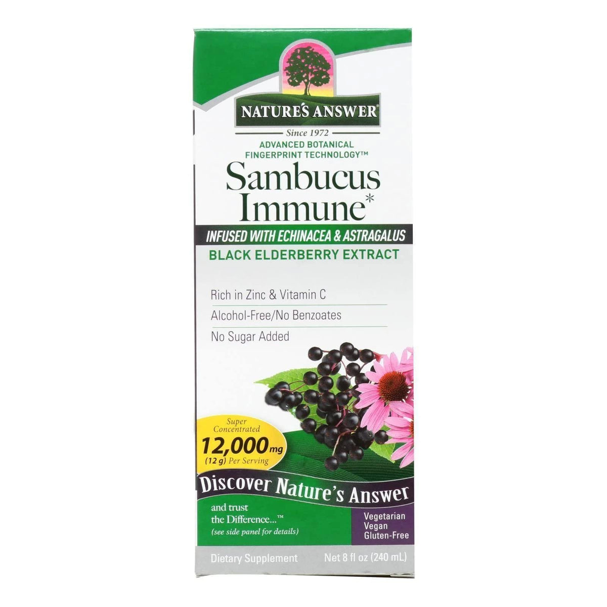Nature's Answer Sambucus Immune bottle pour shows easy, alcohol-free elderberry option for daily wellness.