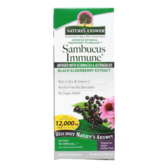 Nature's Answer Sambucus Immune bottle pour shows easy, alcohol-free elderberry option for daily wellness.