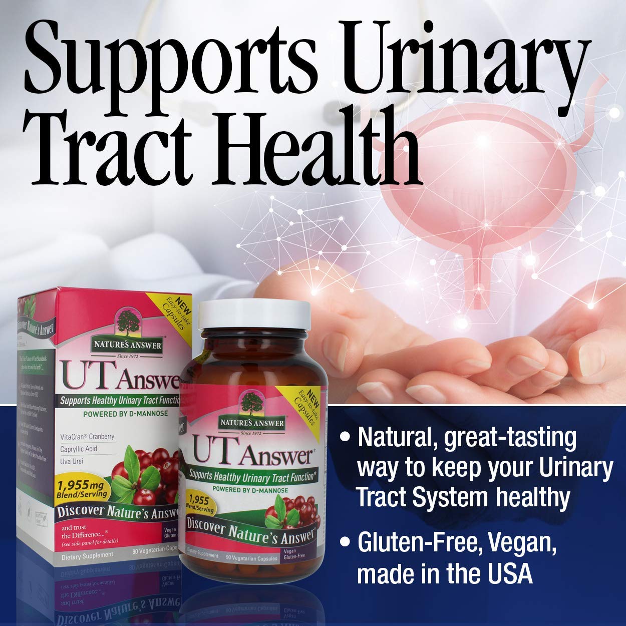Nature's Answer UT Answer label highlights cranberry, D-Mannose, and Vitamin C.