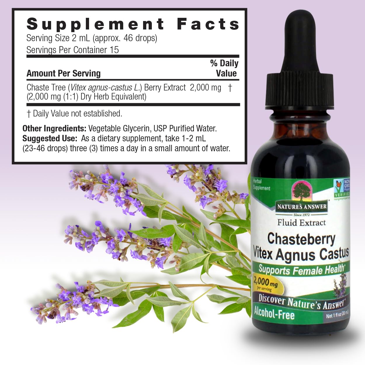 Vitex Berry label highlights alcohol-free, non-GMO, and vegan features.
