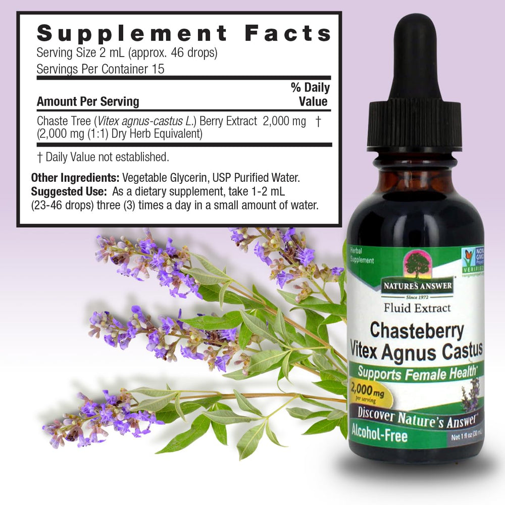 Vitex Berry label highlights alcohol-free, non-GMO, and vegan features.