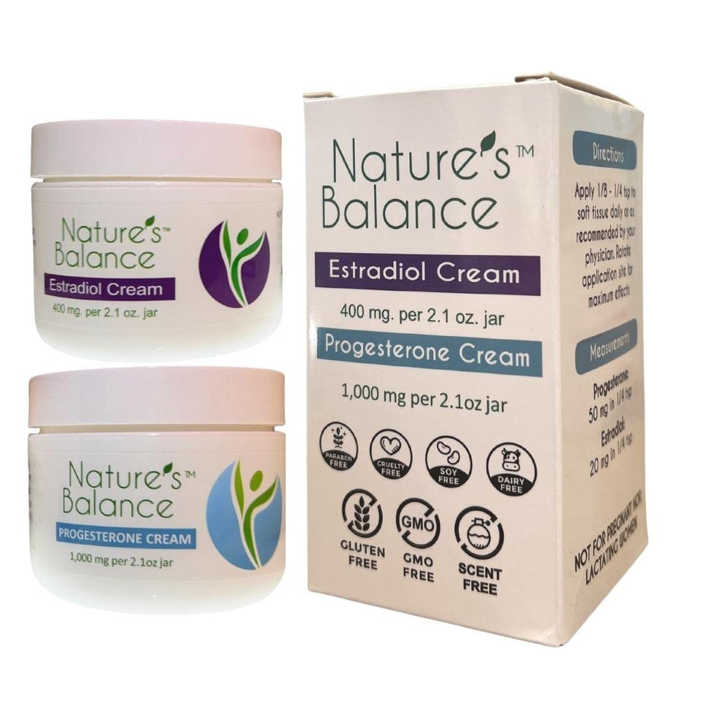 Nature's Balance estrogen-progesterone cream bottle with bio-identical formula for daily skin care.