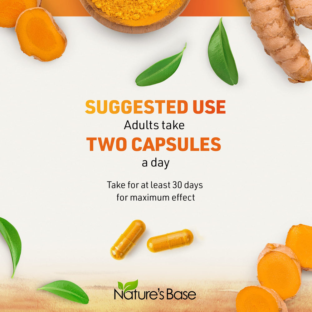 Nature's Base turmeric bottle with fresh ginger and leaves in background