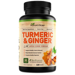 Nature's Base turmeric and ginger capsules bottle promotes daily wellness on the counter.