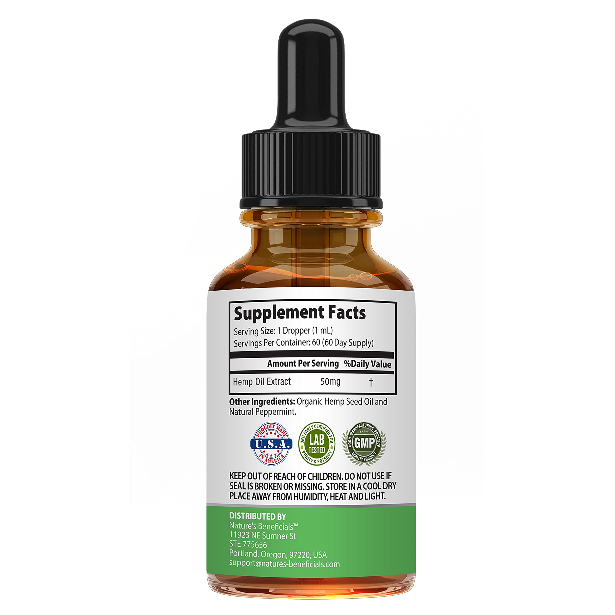 Nature's Beneficials bottle label close-up shows organic, non-GMO formulation.
