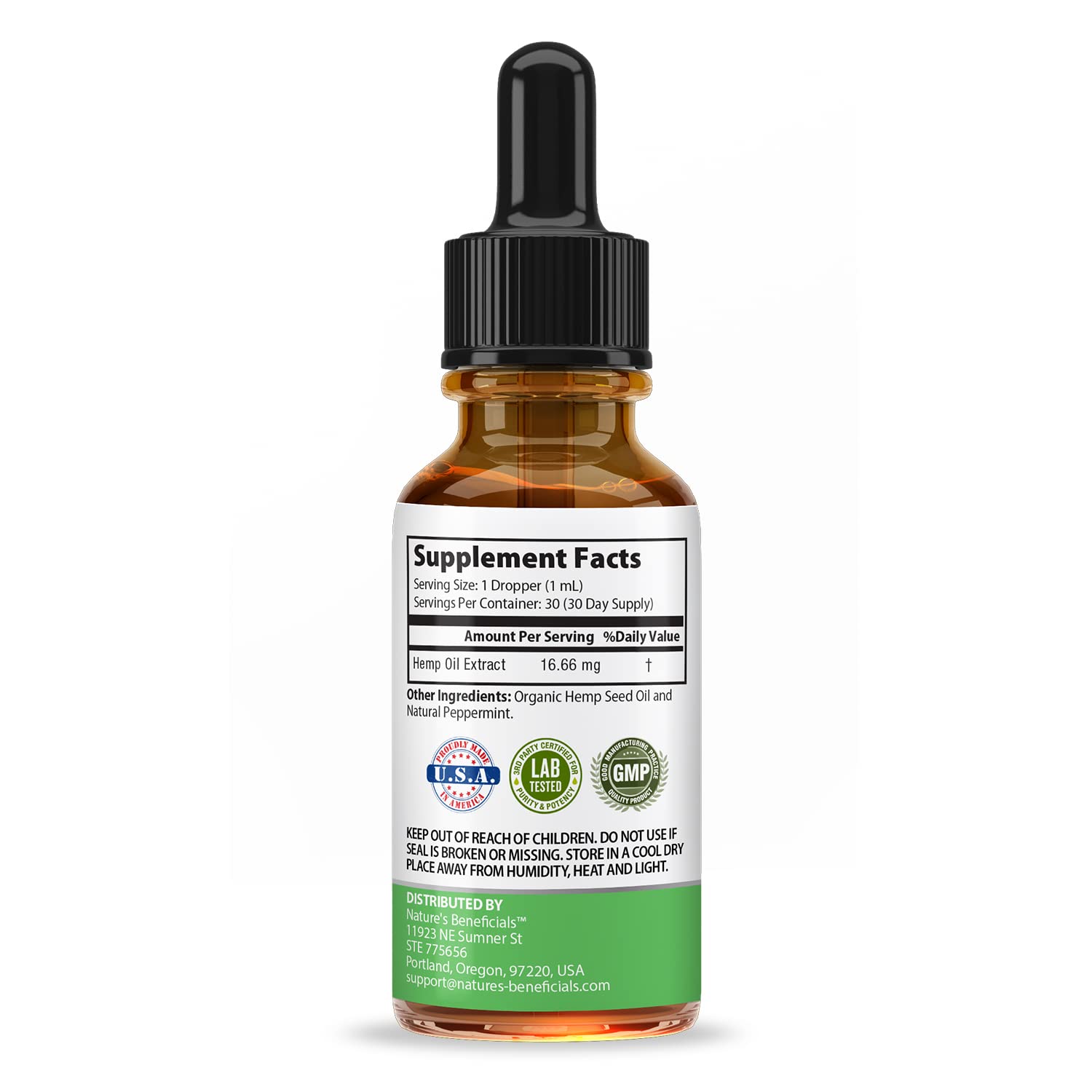 Nature's Beneficials hemp oil drops amber bottle conveys natural quality and aroma