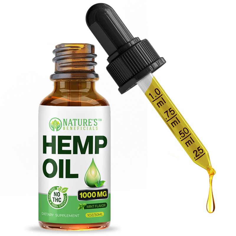 Nature's Beneficials Organic Hemp Oil 1000mg bottle with peppermint aroma for daily wellness