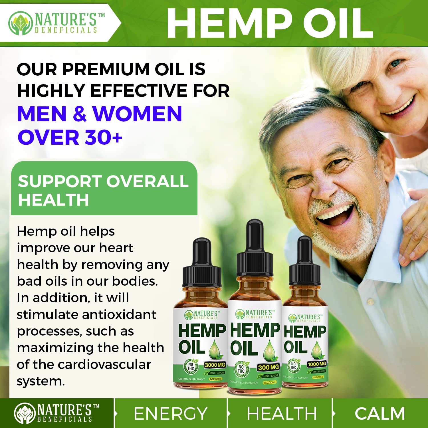 Nature's Beneficials organic hemp seed oil base for absorption.