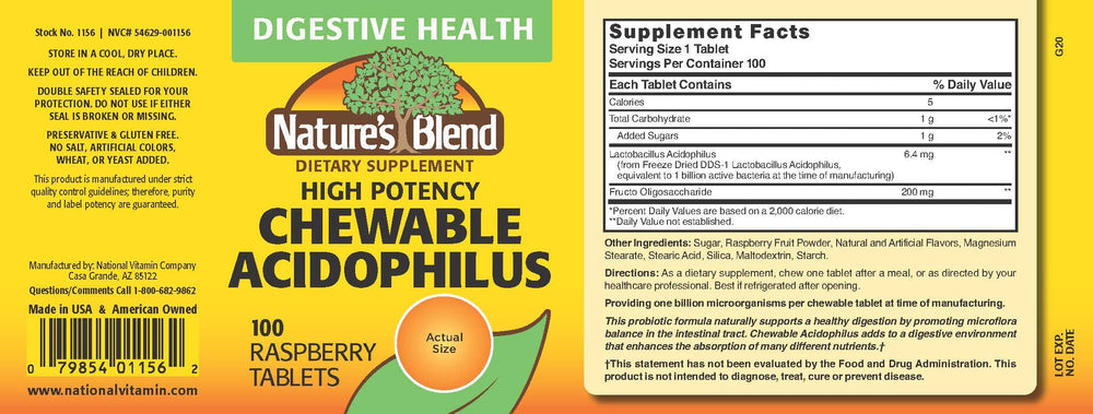 Nature's Blend Acidophilus bottle label close-up showing high potency formula