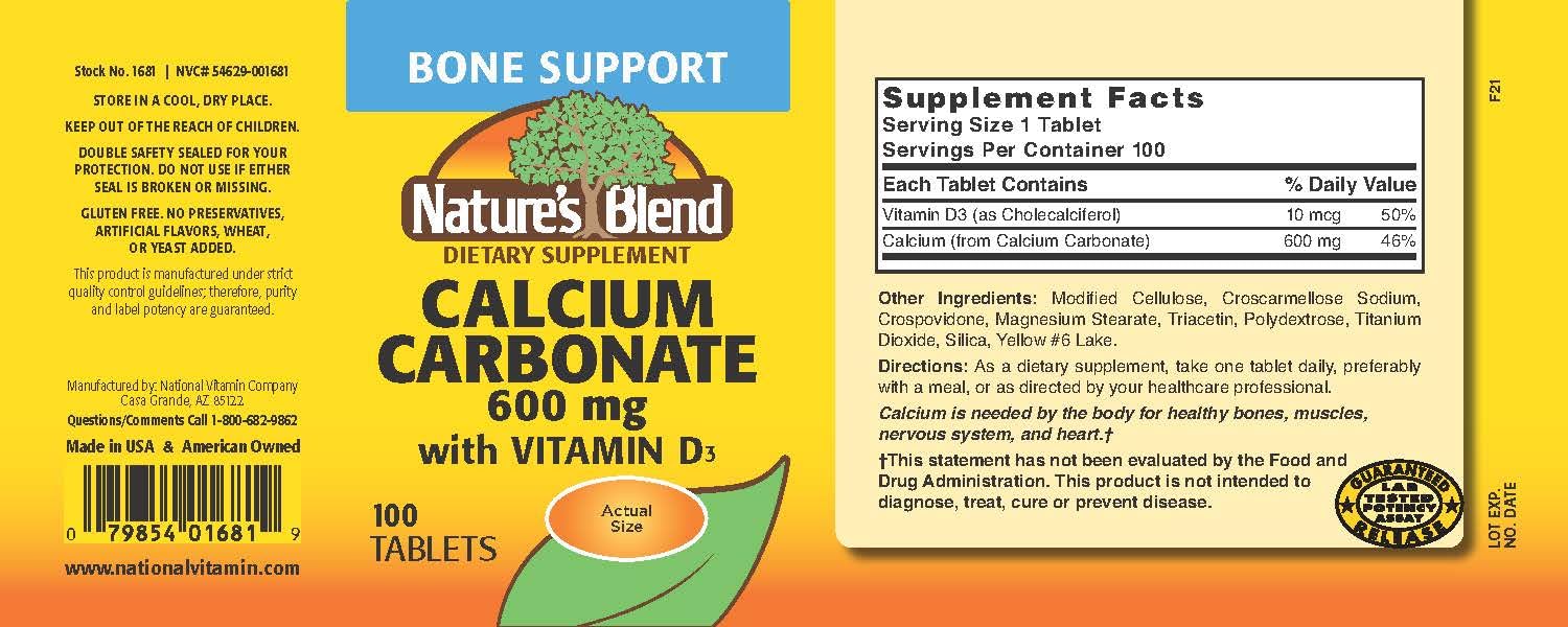 Nature's Blend calcium carbonate tablets close-up, gluten-free and preservative-free.