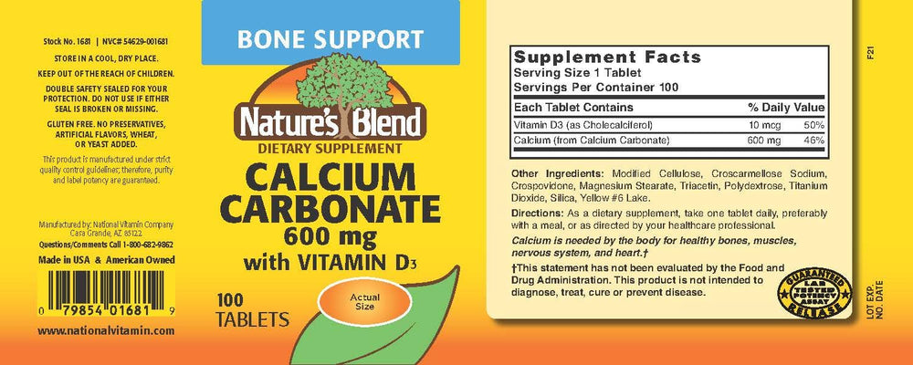 Nature's Blend calcium carbonate tablets close-up, gluten-free and preservative-free.