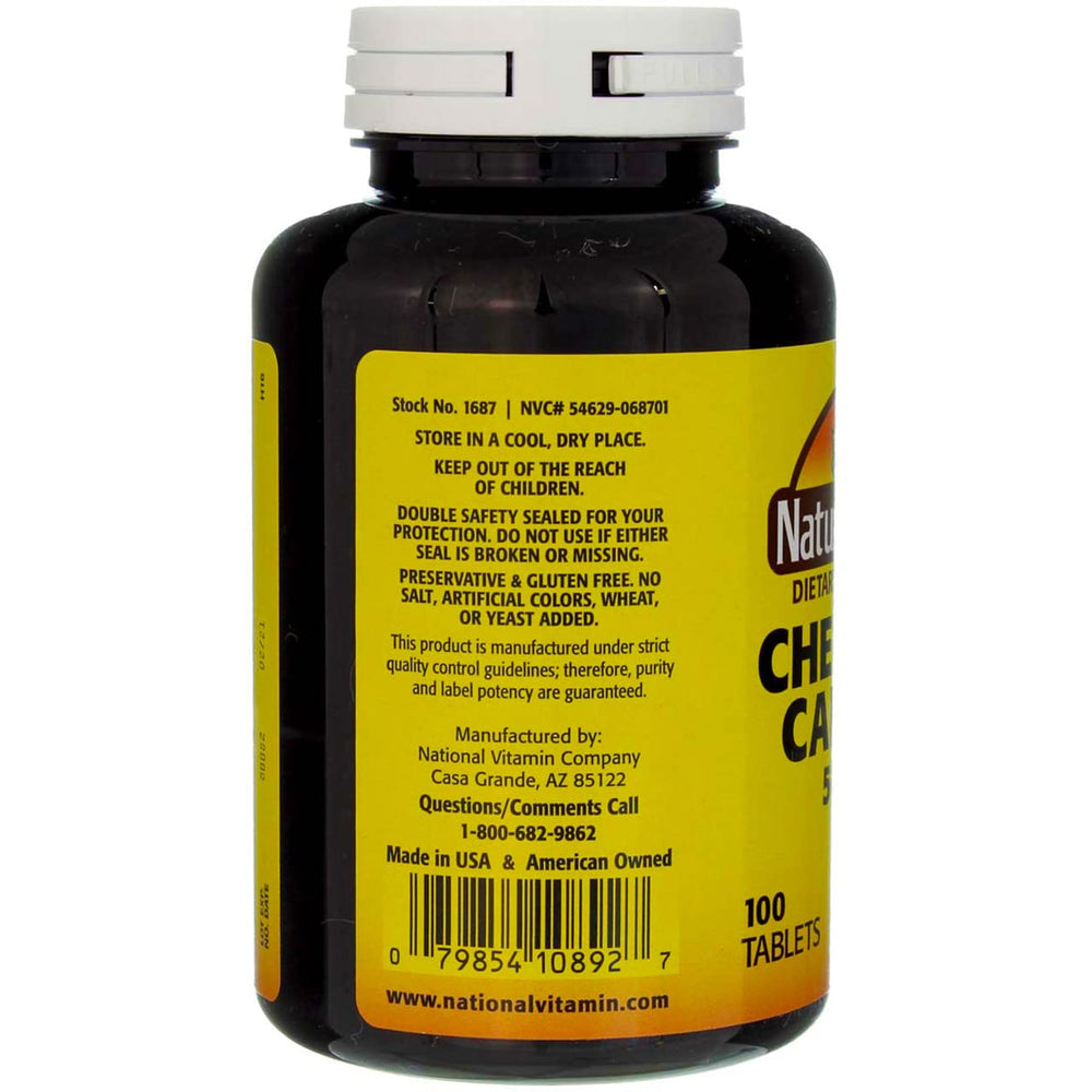 Nature's Blend calcium chewable nutrition-label highlights 500 mg per tablet and gluten-free claim