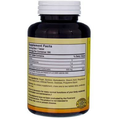 Nature's Blend calcium chewable tablet-breakdown graphic illustrating dosage and gluten-free features