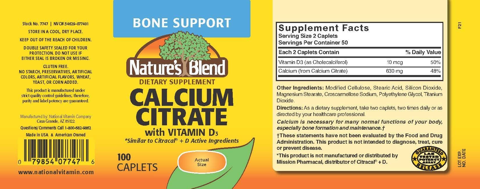 Nature's Blend Calcium Citrate with D3 100 tablets – bottle image showing gluten-free daily supplement