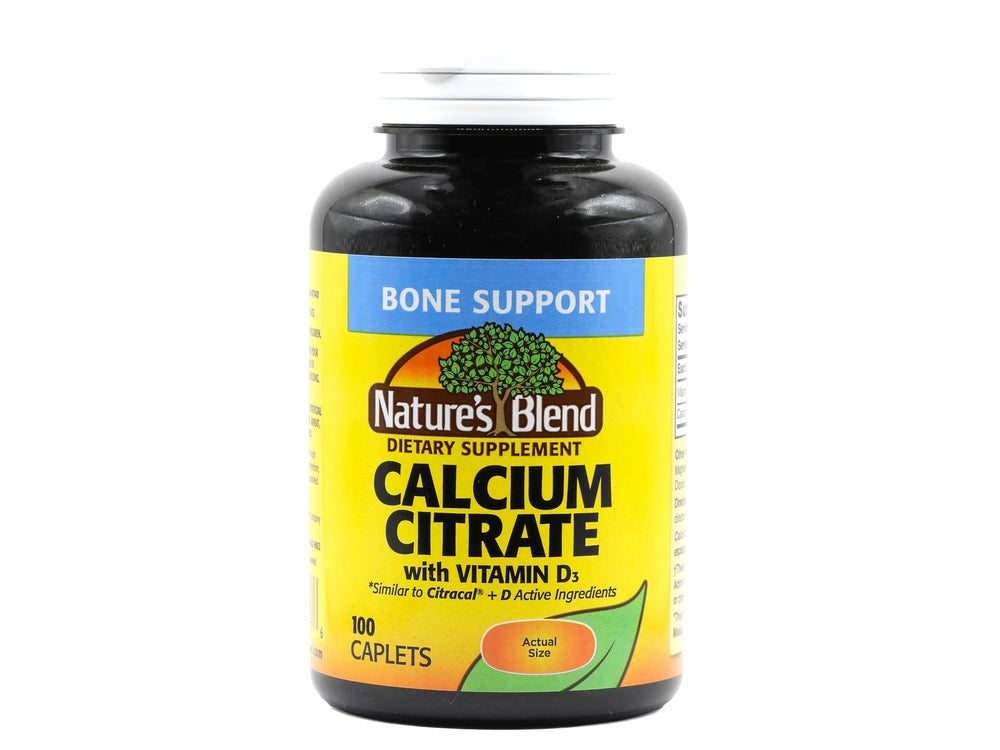 Nature's Blend Calcium Citrate with D3 100 tablets – front view showing compact bottle for bone support
