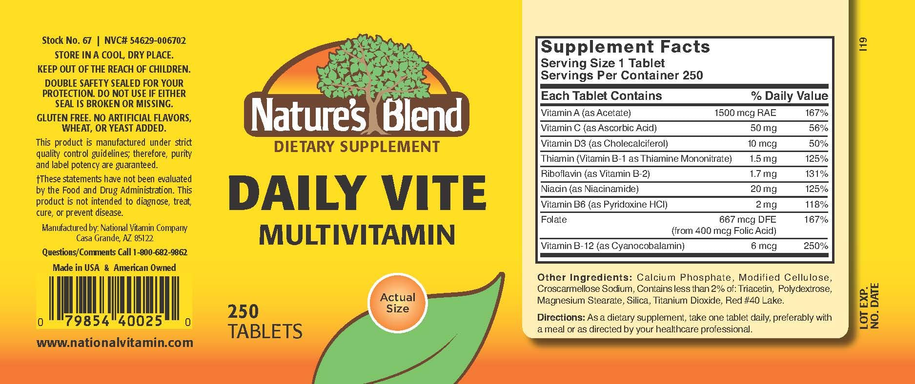 Nature's Blend Daily Vite label close-up highlighting gluten-free formula