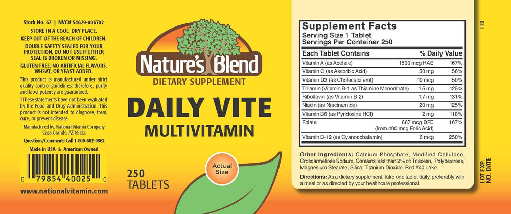 Nature's Blend Daily Vite label close-up highlighting gluten-free formula