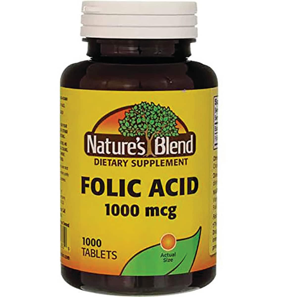 Nature's Blend Folic Acid 1000 mcg bottle front supports gluten-free prenatal nutrition.