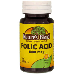 Nature's Blend folic acid tablets bottle front shows 1000mcg dose for daily health support.