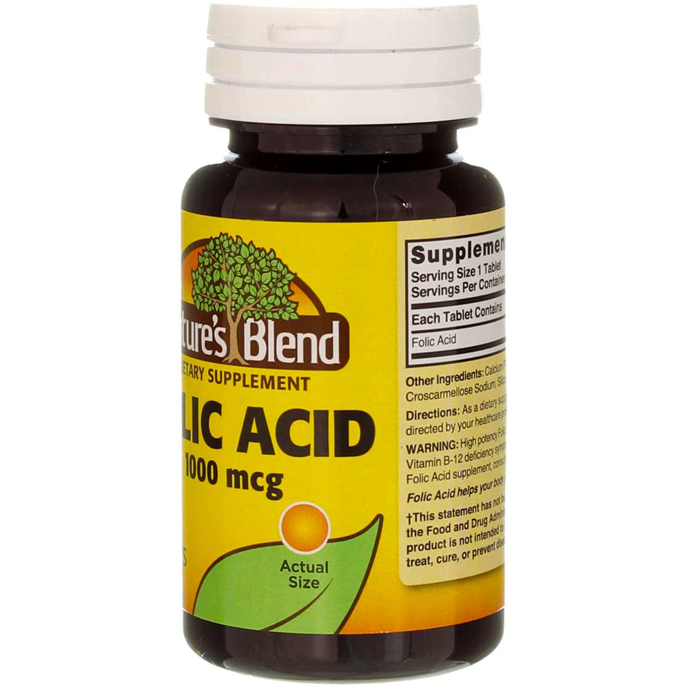 Close-up of Nature's Blend folic acid tablet highlighting high-potency 1000mcg formula.