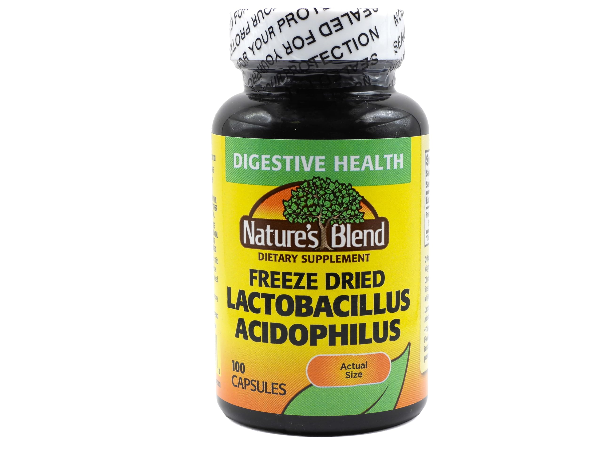 Nature's Blend bottle showing freeze-dried Lactobacillus acidophilus supports digestive balance.