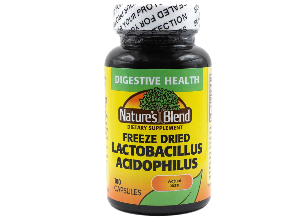 Nature's Blend bottle showing freeze-dried Lactobacillus acidophilus supports digestive balance.