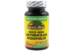 Nature's Blend bottle showing freeze-dried Lactobacillus acidophilus supports digestive balance.
