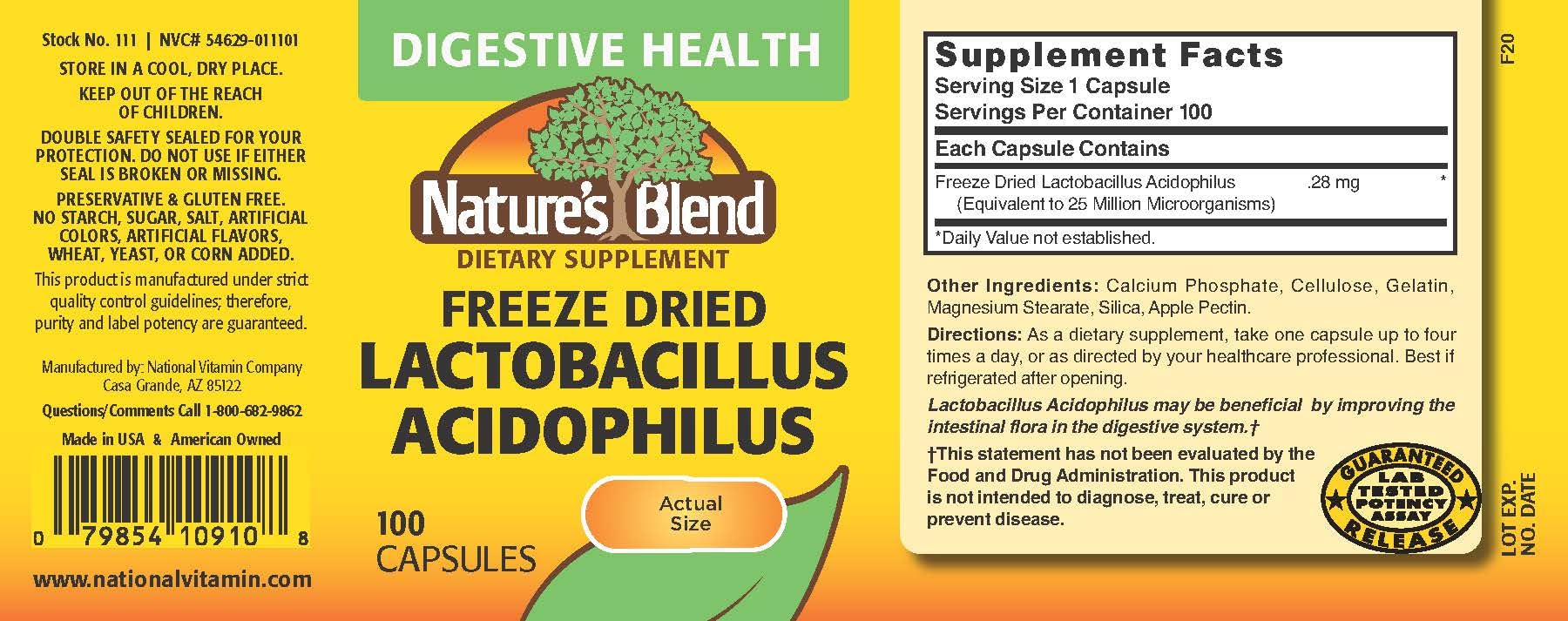Nature's Blend capsules closeup highlighting 25 million bacteria per capsule.