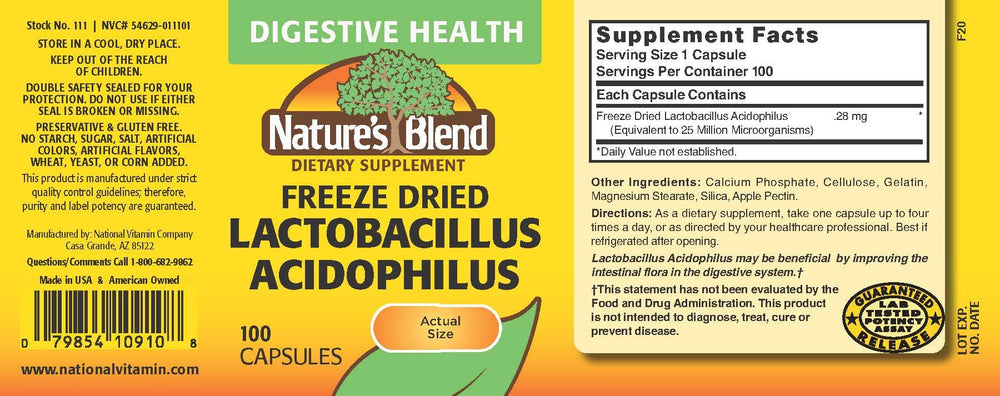 Nature's Blend capsules closeup highlighting 25 million bacteria per capsule.