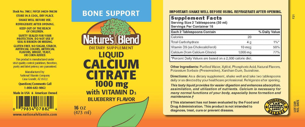 Nature's Blend blueberry liquid calcium citrate being poured for convenient daily use
