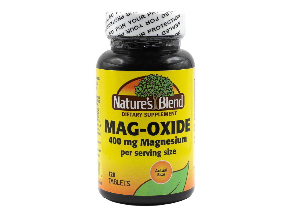 Nature's Blend Mag-Oxide 400mg tablet bottle supports normal nerve and muscle function