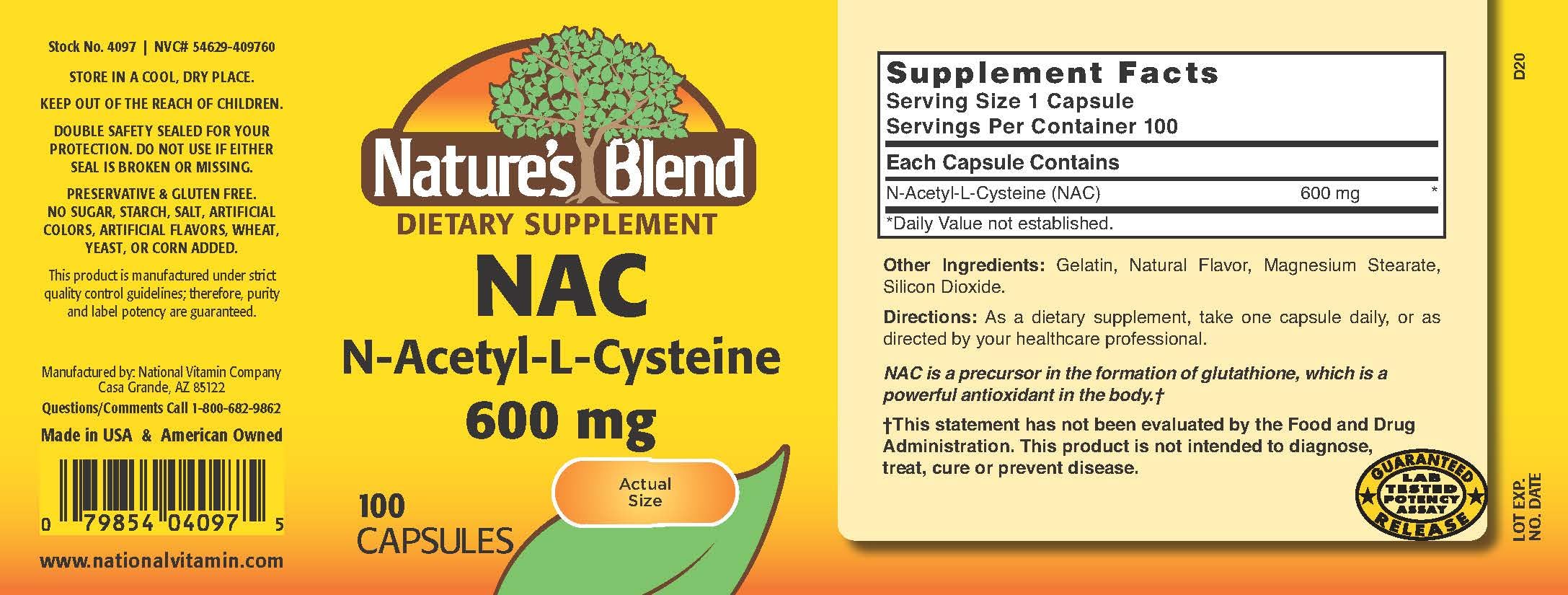 Nature's Blend NAC 600mg bottle side view, highlighting gluten-free, additive-free formulation.