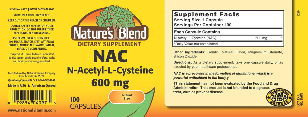 Nature's Blend NAC 600mg bottle side view, highlighting gluten-free, additive-free formulation.