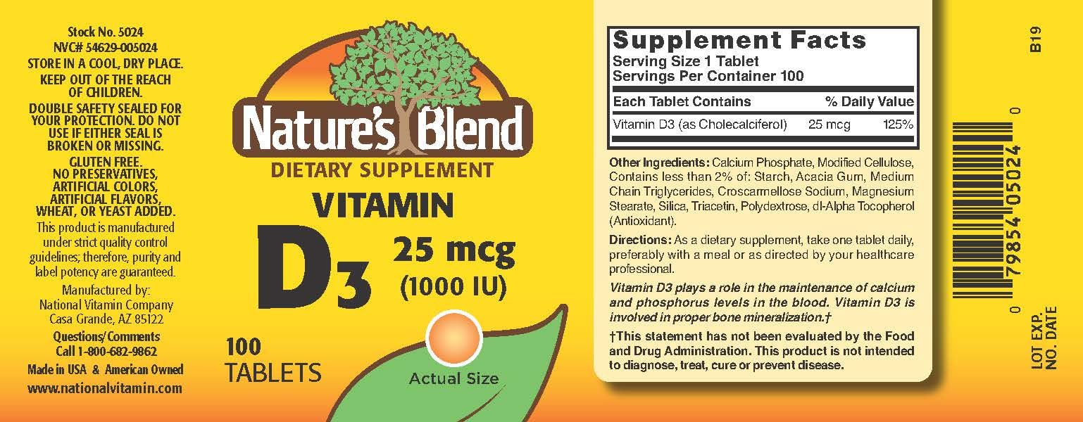 Nature's Blend NAT B VIT D3 TB 1000IU 100 bottle closeup shows easy-to-swallow tablets.