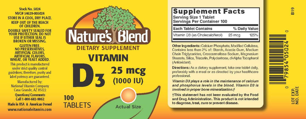 Nature's Blend NAT B VIT D3 TB 1000IU 100 bottle closeup shows easy-to-swallow tablets.