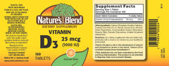 Nature's Blend NAT B VIT D3 TB 1000IU 100 bottle closeup shows easy-to-swallow tablets.