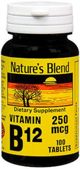 Nature's Blend NAT B Vitamin B-12 TB bottle shows 250mcg tablets for daily routines.