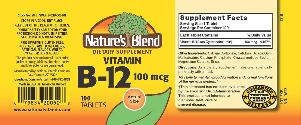 Nature's Blend NAT B12 100mcg bottle back with dosage and ingredients