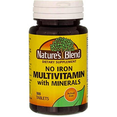 Nature's Blend No Iron Multivitamin bottle-back reveals dosage and minerals layout