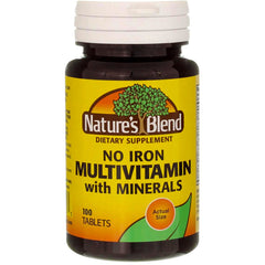 Nature's Blend No Iron Multivitamin bottle-front shows clean packaging and daily nutrition support