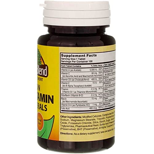 Nature's Blend No Iron Multivitamin tablets-pile suggests daily dosage options