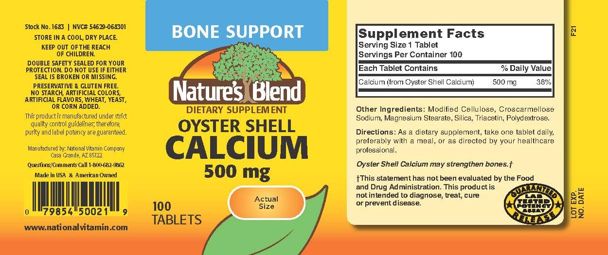 Nature's Blend Oyster Shell Calcium tablets close-up for daily mineral intake