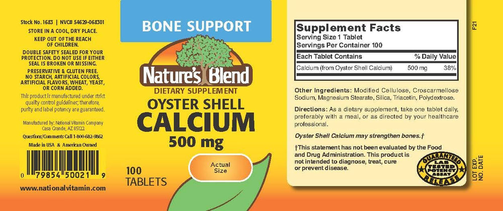 Nature's Blend Oyster Shell Calcium tablets close-up for daily mineral intake